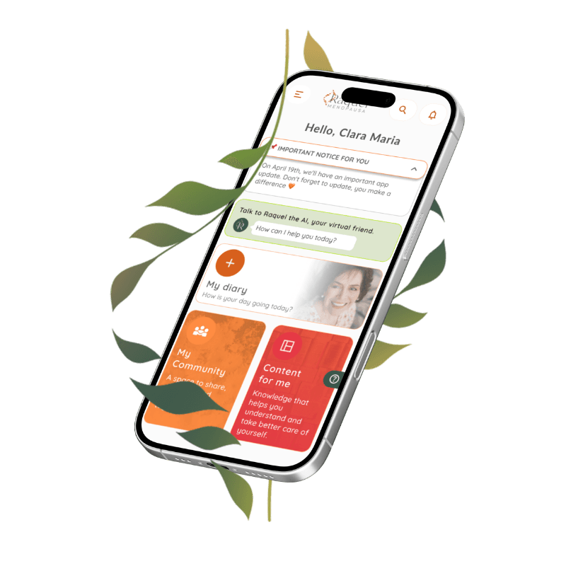 Raquel Menopausa app screen showing the symptom diary and a chat with AI Raquel